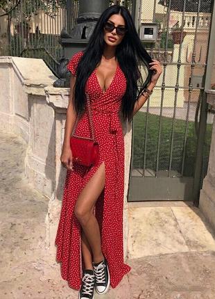 💗 платье на запах, в горошек,💃длинное, 💃 с декольте, модное, повседневное, 312/001, красное