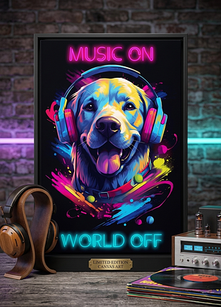 Плакат постер на полотні з собакою music on world off без рамки 50x70 см