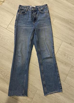 Zara straight fit з високою посадкою джинси блакитні щільний джинс 34-36