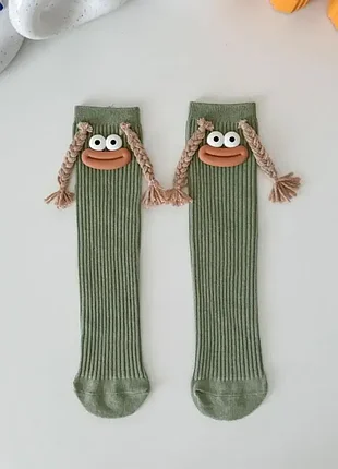 Гольфи мордашки з косами дитячі (2-12 років) хакі one size 4138 шкарпетки бавоняні в рубчик трикотажні носочки оливкові