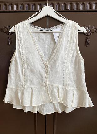 Лляна блуза zara basic з мереживом та рюшами.