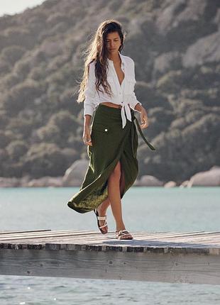 Zara спідниця міді 34 xs 36 s льон хакі запах