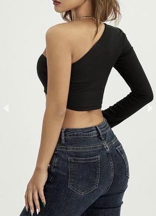 Кроп топ лонглів один рукав одне плече чорний в рубчик у2k  prettylittlething 6/2/34