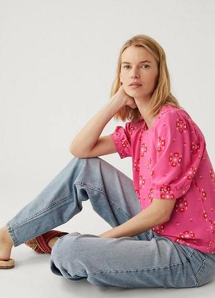 Яскрава літня блуза з коротким рукавом топ marks&spencer 100% віскоза р.12 (m-l) рожева фуксія квітковий принт