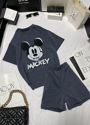 Летний костюм двойка футболка с принтом микки маус mickey mouse и шорты на резинке