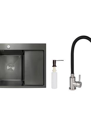 Акционный набор lidz: мойка h6350br интегрированная крыло справа brushed black pvd 3,0/1,0 мм + смеситель aria для кухни с гибким