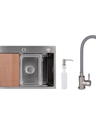 Акционный набор lidz: мойка h6845 decor 3,0/1,0 мм + смеситель aria для кухни с гибким изливом (k35) grey