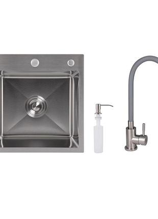 Акционный набор lidz: мойка h4545 decor 2,5/0,5 мм + смеситель aria для кухни с гибким изливом (k35) grey