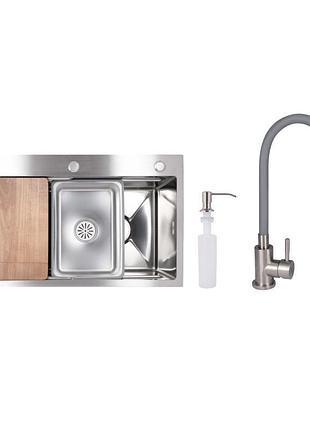 Акционный набор lidz: мойка h7545 интегрированная decor honeycomb 3,0/1,0 мм ldh7545dec48372 + смеситель aria для кухни с гибким