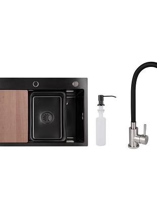 Акционный набор lidz: мойка h6845 décor blaсk 3,0/1,0 мм + смеситель aria для кухни с гибким изливом (k35) black