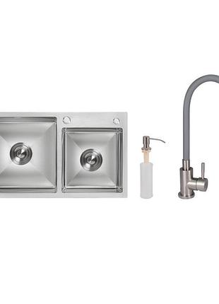 Акционный набор lidz: мойка с двумя чашами интегрированная brushed steel 3,0/1,0 мм + смеситель aria для кухни с гибким изливом