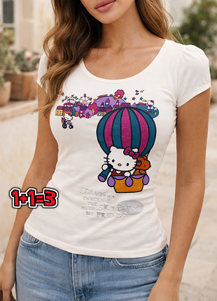 🌿1+1=3 красивая молочная хлопковая женская футболка hello kitty oysho, размер 48 - 50
