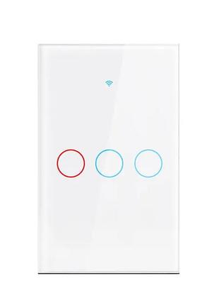 Розумний сенсорний вимикач з wifi підключенням, голосове керування wifi, 3 сенсори біле скло 67