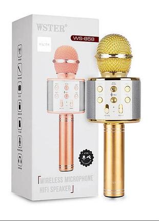 Детский ручной bluetooth караоке микрофон wster ws-858 и портативная mp3 колонка 2в1 розовый міцний