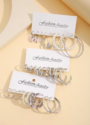 Жіночі сережки-кільця earrings new style, набір сережок для жінок та дівчат 15 пар, сріблясті сережки для дівчат сучасний