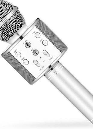 Детский bluetooth караоке микрофон wster ws-858 и портативная mp3 колонка 2в1, ручной микрофон silver сучасний