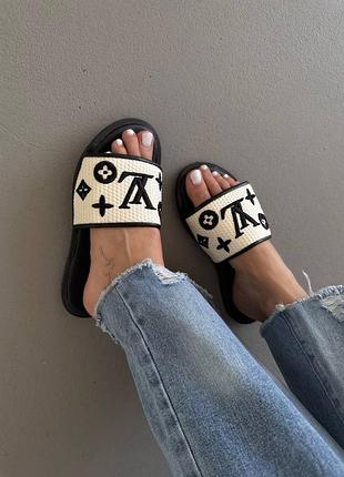 Женские брендовые тапочки l0uis vuitt0n black / cream slides
