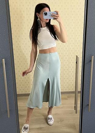 Юбка zara с размером, бирюзовая юбка атлас шелк вискоза, нарядная юбка шелковое пплатье