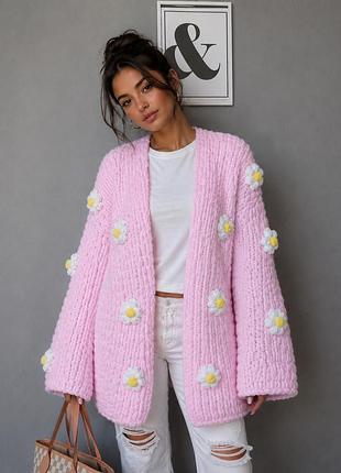 🌸 неймовірно ніжний кардиган oversize у рожевому кольорі з декоративними ромашками