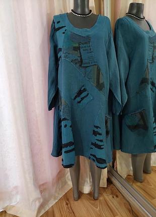 💯% льняное с карманами платье 👗 туника большого размера италия