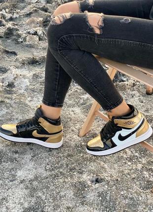 💥💛nike air jordan 1 patent black white gold💛💥жіночі кросівки найк джордан високі6 фото