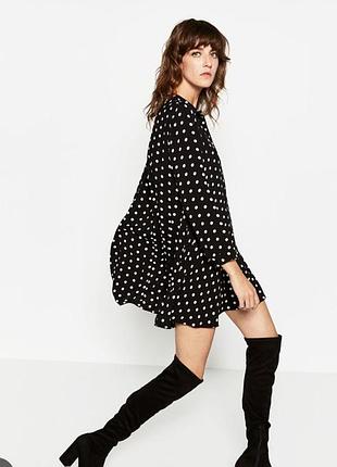 Сорочка туніка zara чорна в горошок легка трендова сукня сорочка зара рукав 3/4