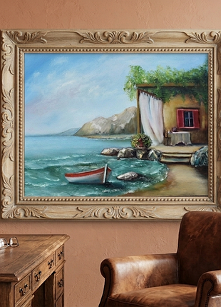 Морской пейзаж срединоземноморье, оргалит, 35х45см