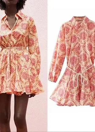 Сукня міні zara під пояс котонова рожева платье короткое пышное хлопок