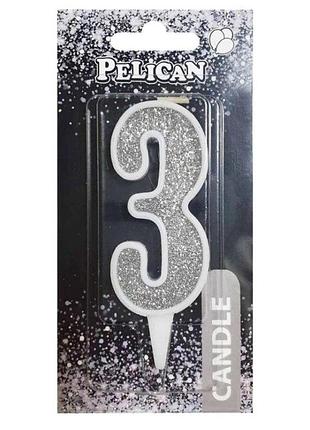 Аксесуари для свята, свічка на торт цифра "3" срібна 7 см, 867023 pelican