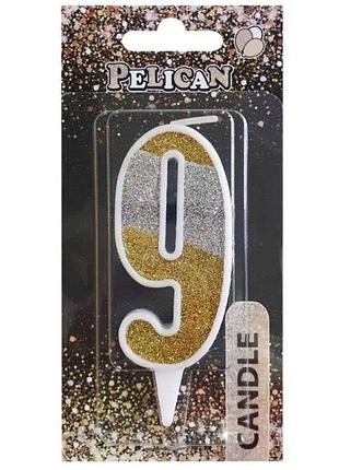Аксесуари для свята, свічка на торт цифра "9" срібно-золота 7см, 867039 pelican