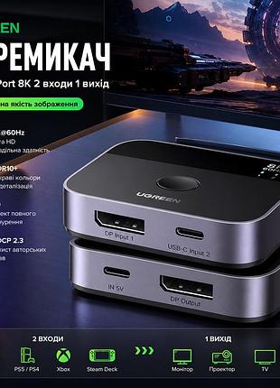 Переключатель ugreen displayport / usb-c 8k@60hz kvm свитч 2 входа 1 выход dp 1.4 для пк, ps5, xbox, macbook