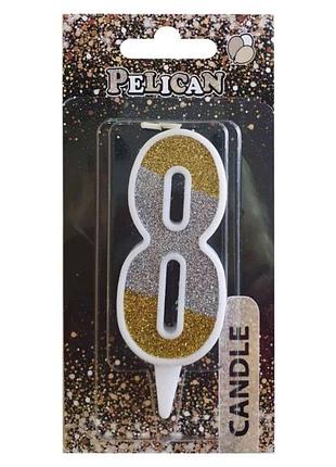 Аксесуари для свята, свічка на торт цифра "8" срібно-золота 7см, 867038 pelican