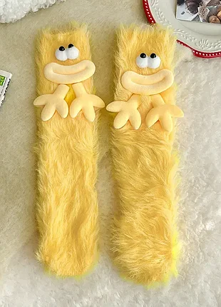 Носки детские пушистые с перилам и руками желтые one size (на 1-12 лет) 4216 прикольные милые яркие гольфы для девочек лахмати на подарок