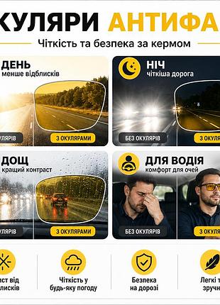 Окуляри антифари чоловічі поляризовані жовті нічні для водіння 3126-c3 uv400