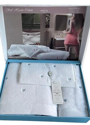 Набор полотенец maison d'or soft hearts white-blue махровые 30-50 см,50-100 см,85-150 см белый