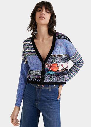 Desigual кардиган кофта голубая на пуговицах этно бохо с узором японское искусство япония