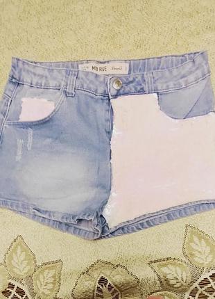 Шорты для девочки  denim co by h&m с пайетками перевертышами стрейчевые голубые на рост 152-158 джинсовые с утяжкой пояса регулировка талии