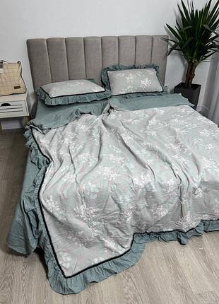 Комплект постельного белья с летним одеялом вареный хлопок рюши