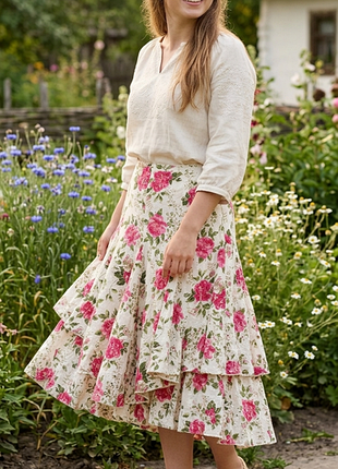 🌸 романтична бавовняна спідниця міді per una (marks & spencer) з вишивкою рішельє та квітковим принтом