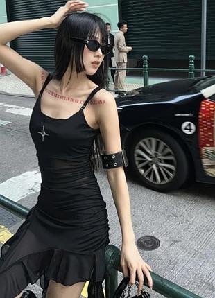 🖤 асиметрична готична сукня-туніка з воланами у стилі cyber-y2k grunge