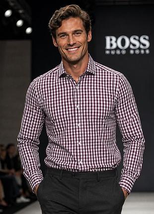 Чоловіча сорочка hugo boss, m (бавовна), бордо/клітинка, regular fit