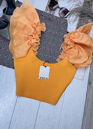 Новий в’язаний топ zara m s короткий топ помаранчевий літній топ з об’ємними рукавами крильцями топ зара