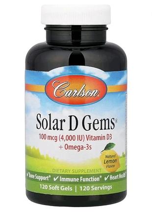 Solar d gems, витамин d3 + жирные кислоты омега-3, натуральный лимон, 120 капсул