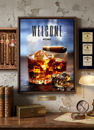 Плакат постер на холсте виски и сигара (welcome home / добро пожаловать домой), стильная интерьерная картина 50х70см