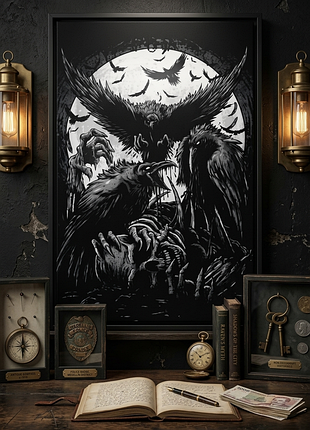 Плакат постер на холсте вороны и череп (мрачная готическая эстетика / dark fantasy), темная интерьерная картина 45х60см