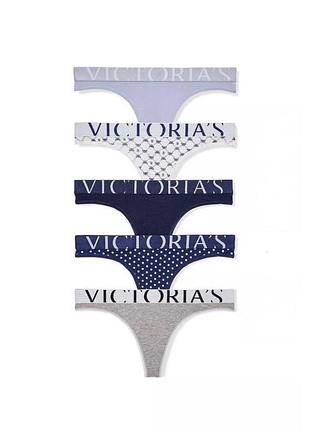 Женские трусики стринги victoria’s secret 5-pack logo cotton thong panties., набор 5 шт.