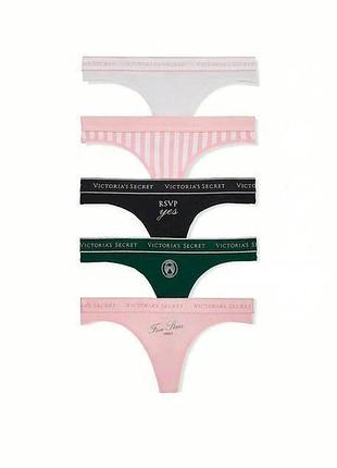 Женские трусики стринги victoria’s secret 5-pack logo cotton thong panties., набор 5 шт.