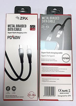 Кабель в оплётке zpx zx-84 type-c – type-c с поддержкой быстрой зарядки pd 60w