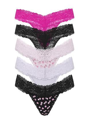 Набір з 5 трусиків victoria`s secret pink wink™ lace-trim thong panties  оригінал вікторія сікрет вс