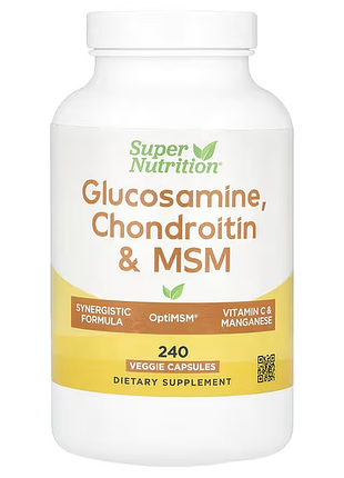Super nutrition, глюкозамин, хондроитин и мсм с калием и витамином c, 240 рус. капсул